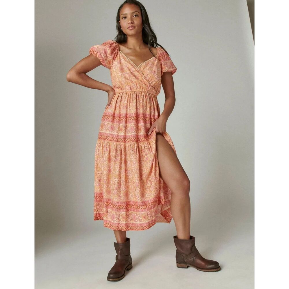NWT Lucky Brand Block-Print Midi Dress, Light Orange/Pink, Size S